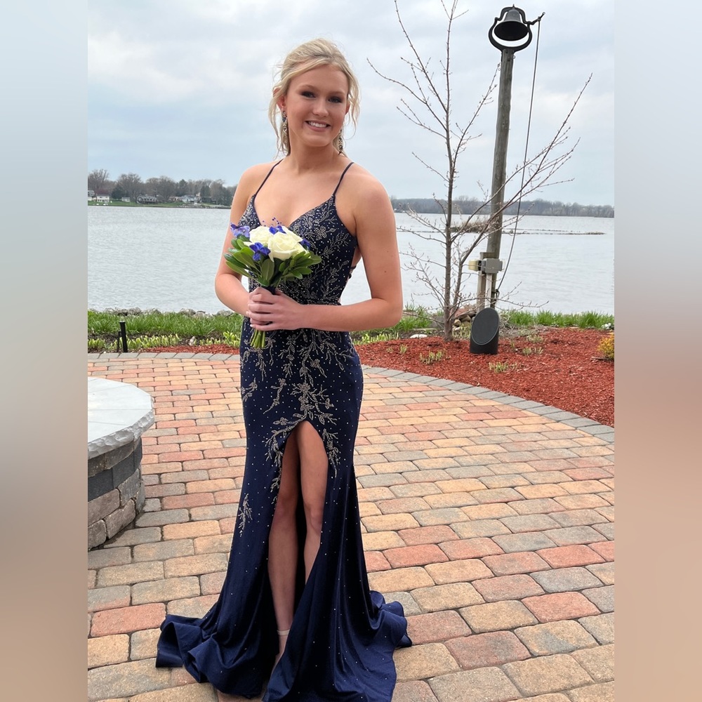Ellie Wilde prom dress. Size 4. Navy Blue/gunmetal accents lace up back